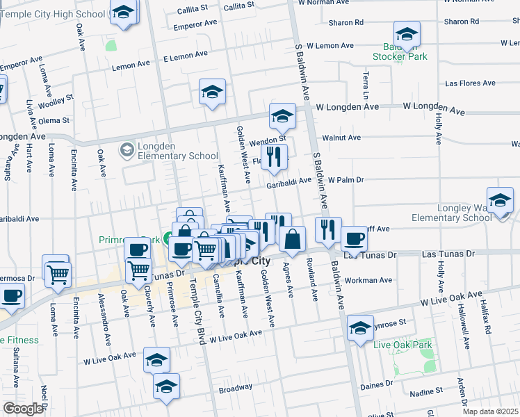 map of restaurants, bars, coffee shops, grocery stores, and more near 6029 Agnes Avenue in Temple City