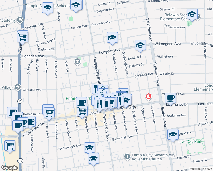 map of restaurants, bars, coffee shops, grocery stores, and more near 6053 Camellia Avenue in Temple City