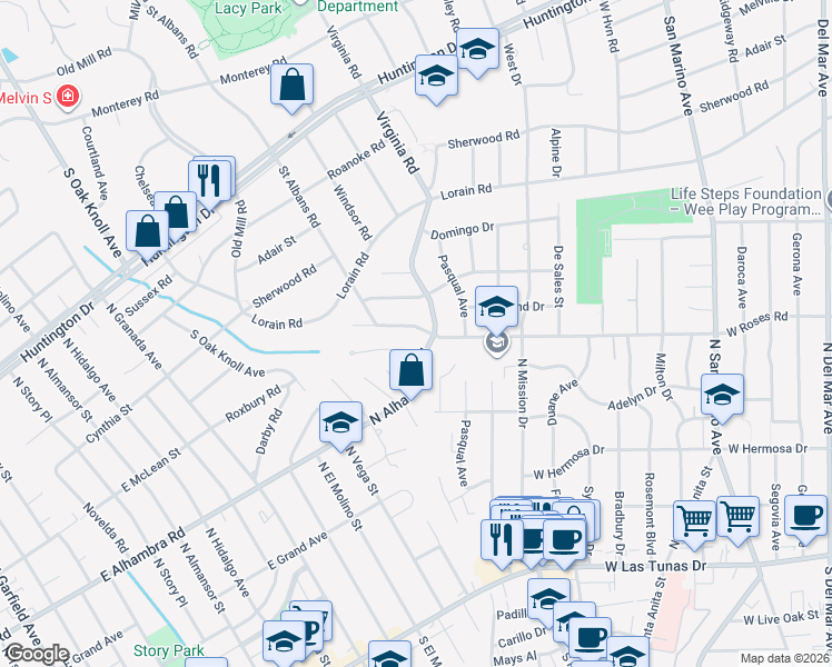 map of restaurants, bars, coffee shops, grocery stores, and more near 1024 West Roses Road in San Gabriel