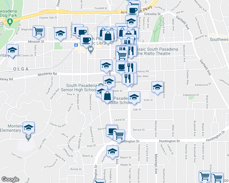 map of restaurants, bars, coffee shops, grocery stores, and more near 1426 Bank Street in South Pasadena
