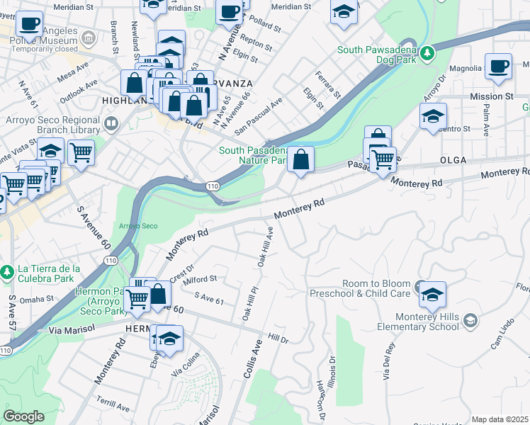 map of restaurants, bars, coffee shops, grocery stores, and more near 86 Monterey Road in South Pasadena