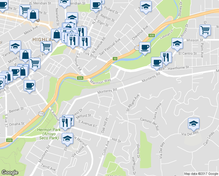 map of restaurants, bars, coffee shops, grocery stores, and more near 86 Monterey Road in South Pasadena
