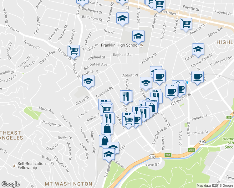 map of restaurants, bars, coffee shops, grocery stores, and more near 343 North Avenue 52 in Los Angeles