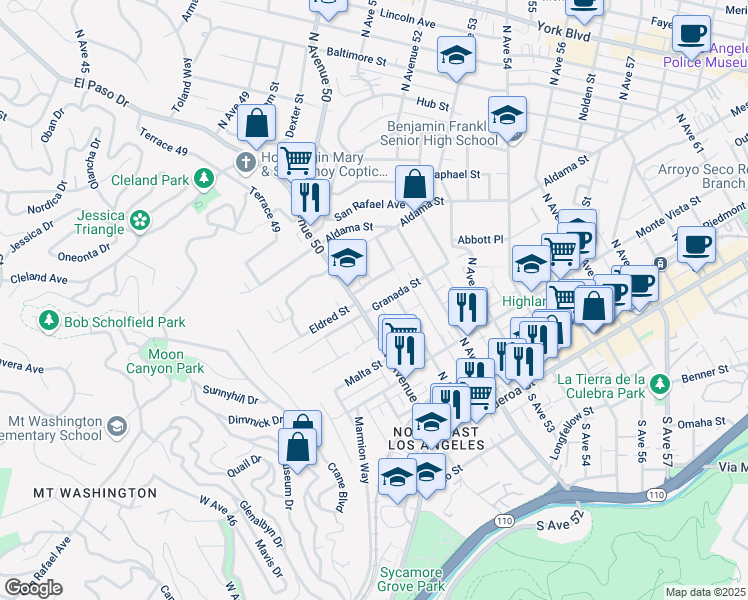 map of restaurants, bars, coffee shops, grocery stores, and more near 5031 Granada Street in Los Angeles