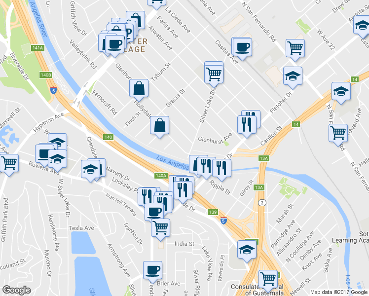 map of restaurants, bars, coffee shops, grocery stores, and more near 3130 Hollydale Drive in Los Angeles