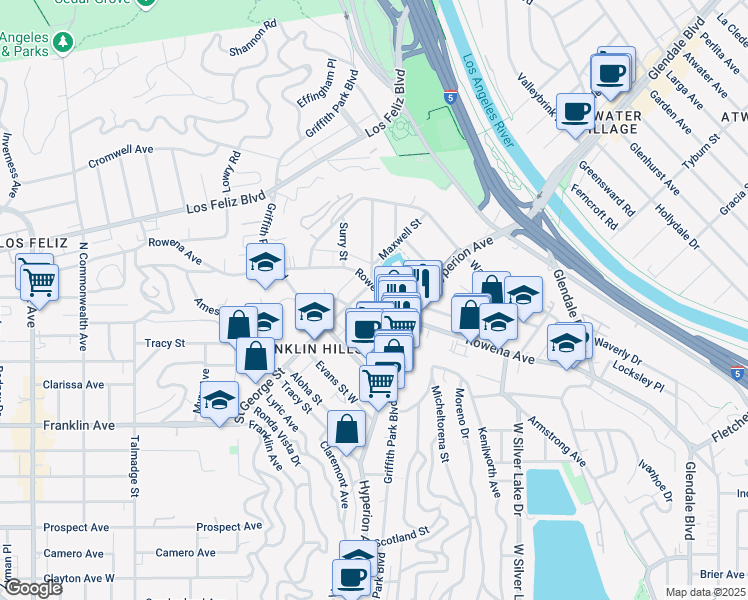 map of restaurants, bars, coffee shops, grocery stores, and more near 2916 Saint George Street in Los Angeles