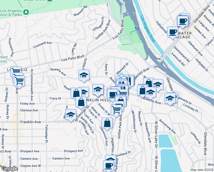 map of restaurants, bars, coffee shops, grocery stores, and more near 2916 Saint George Street in Los Angeles
