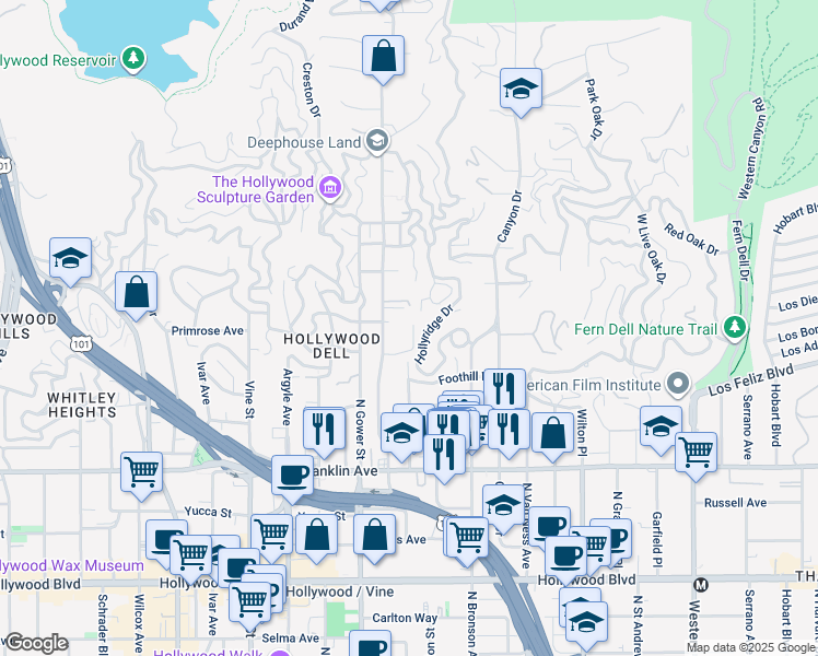 map of restaurants, bars, coffee shops, grocery stores, and more near 2174 Beachwood Terrace in Los Angeles
