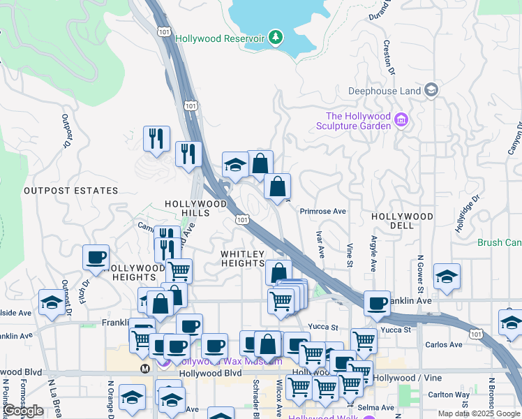 map of restaurants, bars, coffee shops, grocery stores, and more near 6520 Iris Drive in Los Angeles
