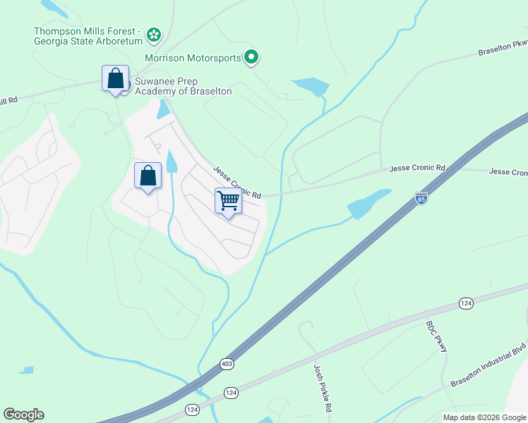 map of restaurants, bars, coffee shops, grocery stores, and more near 450 Franklin Street in Braselton