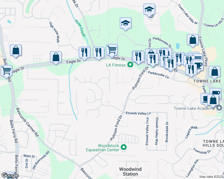 map of restaurants, bars, coffee shops, grocery stores, and more near 3027 Clove Tree Lane in Woodstock