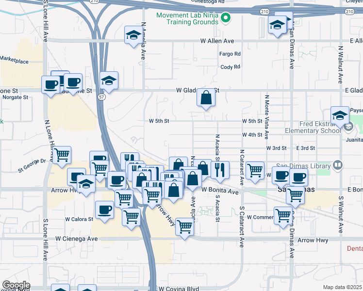 map of restaurants, bars, coffee shops, grocery stores, and more near 521 West 3rd Street in San Dimas