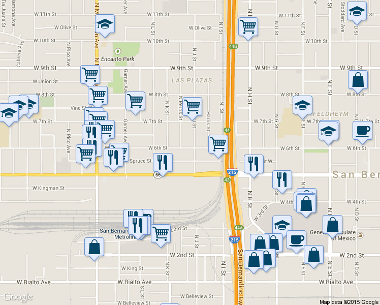 map of restaurants, bars, coffee shops, grocery stores, and more near 1007 West 6th Street in San Bernardino