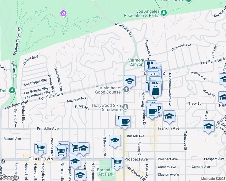 map of restaurants, bars, coffee shops, grocery stores, and more near 4747 Ambrose Avenue in Los Angeles