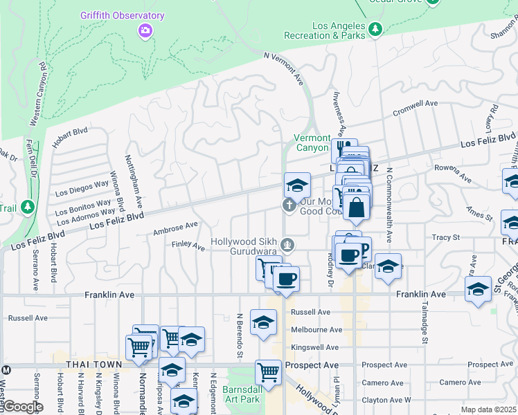 map of restaurants, bars, coffee shops, grocery stores, and more near 4747 Ambrose Avenue in Los Angeles