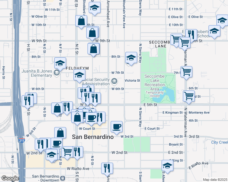 map of restaurants, bars, coffee shops, grocery stores, and more near 599 North Arrowhead Avenue in San Bernardino