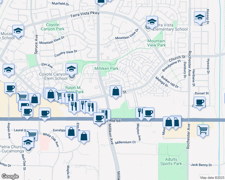 map of restaurants, bars, coffee shops, grocery stores, and more near 144 Church Street in Rancho Cucamonga