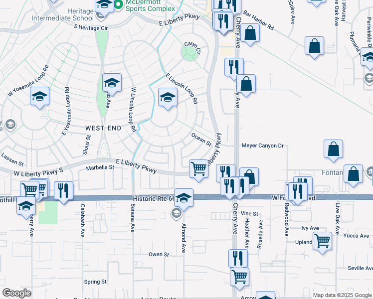 map of restaurants, bars, coffee shops, grocery stores, and more near 14219 Point Loma Street in Fontana