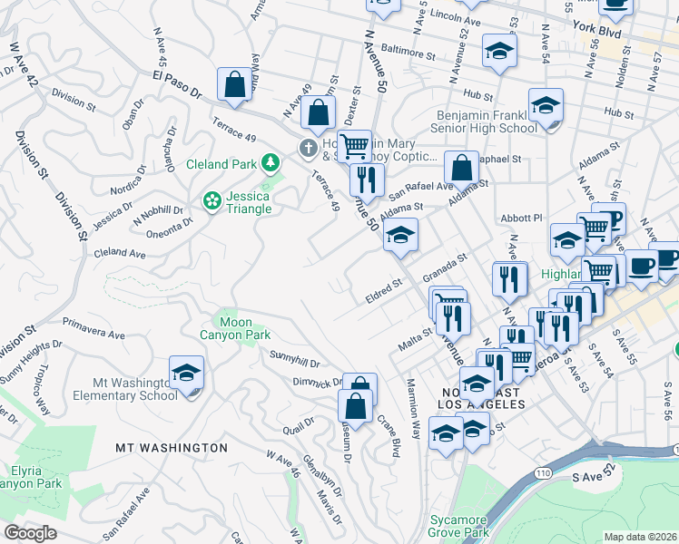 map of restaurants, bars, coffee shops, grocery stores, and more near 4801 San Marcos Place in Los Angeles