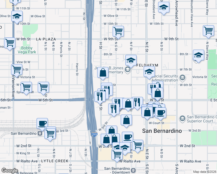 map of restaurants, bars, coffee shops, grocery stores, and more near 763 West 6th Street in San Bernardino