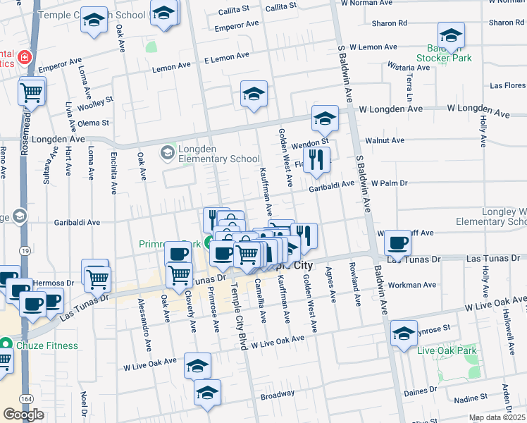 map of restaurants, bars, coffee shops, grocery stores, and more near 6037 Kauffman Avenue in Temple City