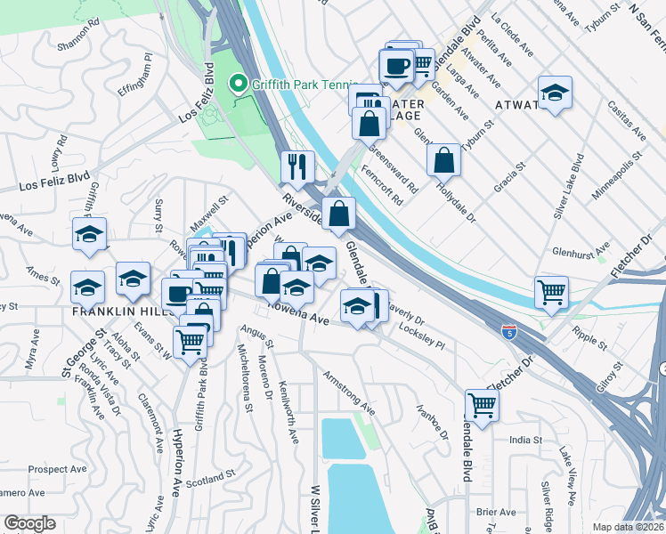 map of restaurants, bars, coffee shops, grocery stores, and more near 2919 Waverly Drive in Los Angeles