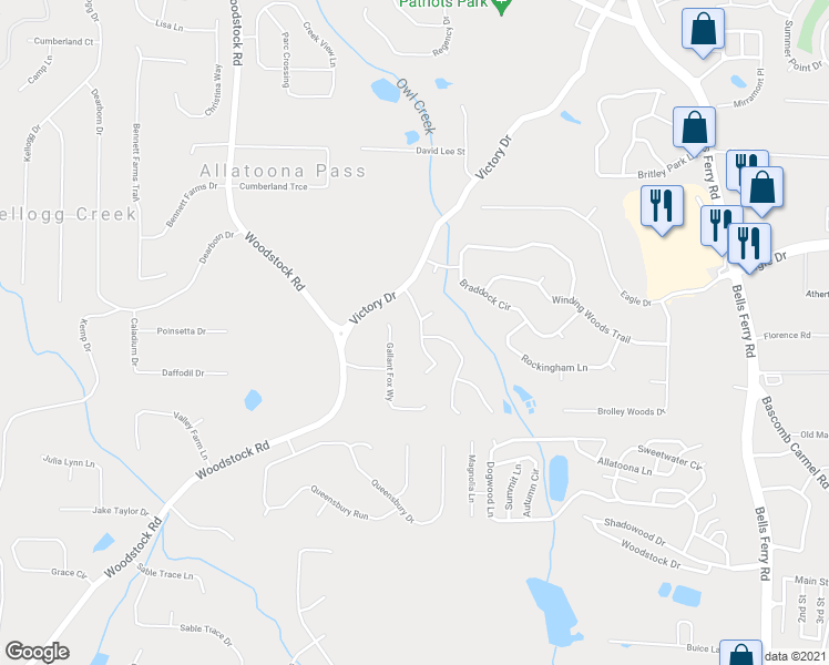 map of restaurants, bars, coffee shops, grocery stores, and more near 104 Victory Commons Drive in Acworth