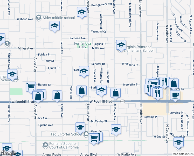 map of restaurants, bars, coffee shops, grocery stores, and more near 7925 Spohn Avenue in Fontana