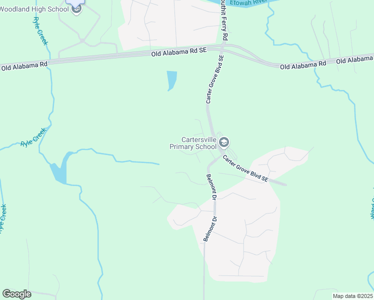 map of restaurants, bars, coffee shops, grocery stores, and more near 17 Ashwood Drive in Cartersville