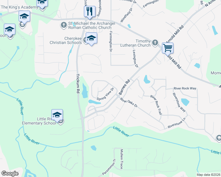 map of restaurants, bars, coffee shops, grocery stores, and more near 527 Spring View Drive in Woodstock