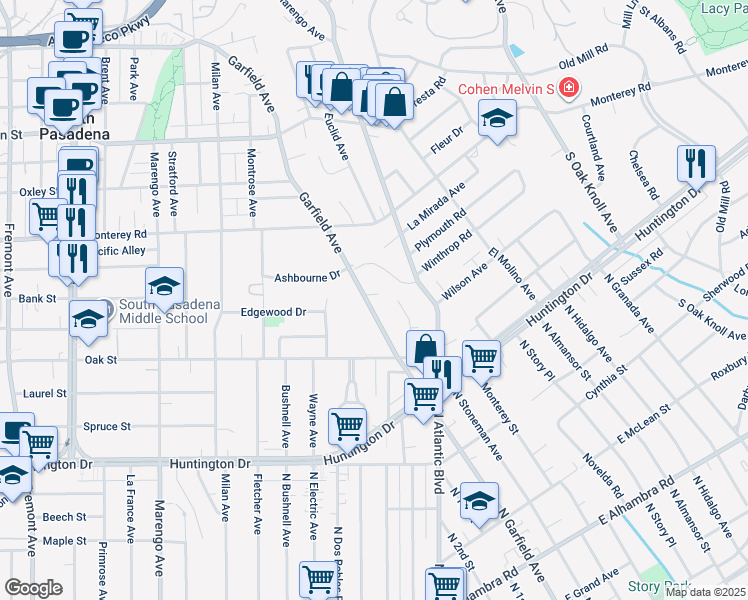 map of restaurants, bars, coffee shops, grocery stores, and more near 1354 Garfield Avenue in San Marino