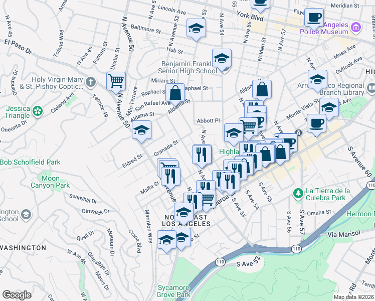 map of restaurants, bars, coffee shops, grocery stores, and more near 343 North Avenue 52 in Los Angeles