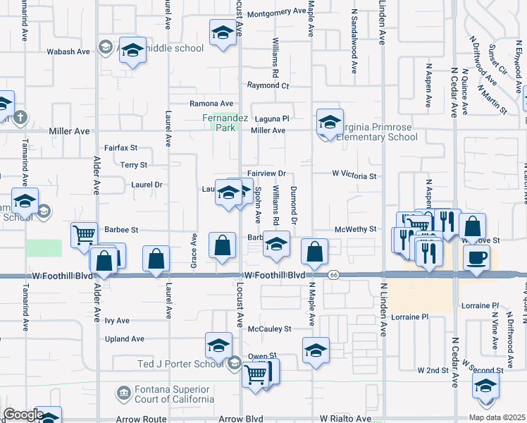 map of restaurants, bars, coffee shops, grocery stores, and more near 7925 Spohn Avenue in Fontana