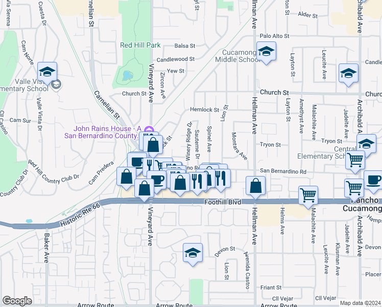map of restaurants, bars, coffee shops, grocery stores, and more near 7947 Winery Ridge Drive in Rancho Cucamonga
