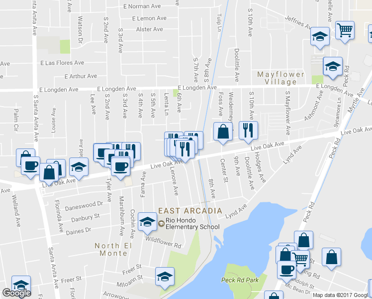 map of restaurants, bars, coffee shops, grocery stores, and more near 608 East Sandra Avenue in Arcadia