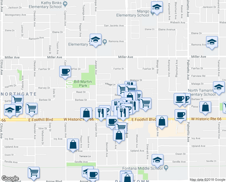 map of restaurants, bars, coffee shops, grocery stores, and more near 7915 Bennett Avenue in Fontana