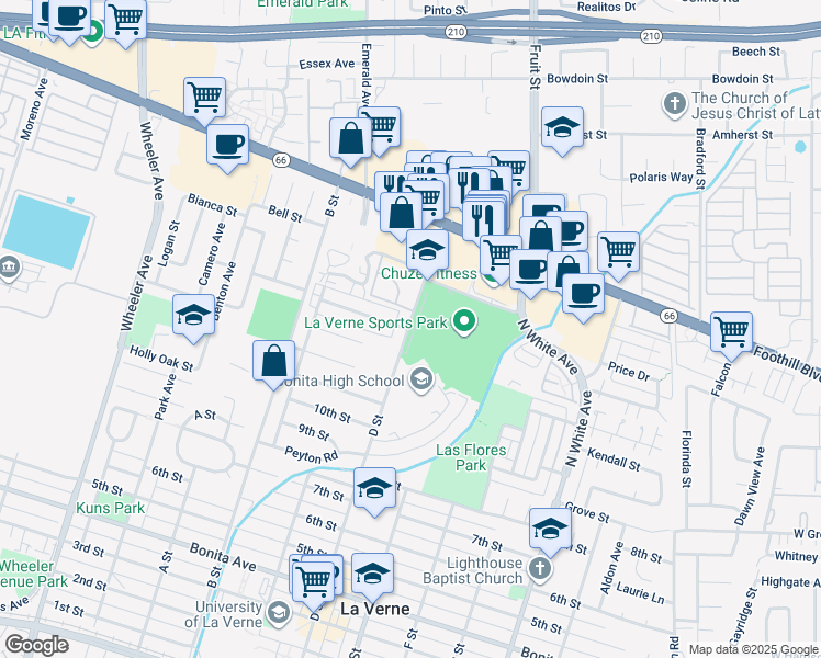 map of restaurants, bars, coffee shops, grocery stores, and more near 198 D Street in La Verne