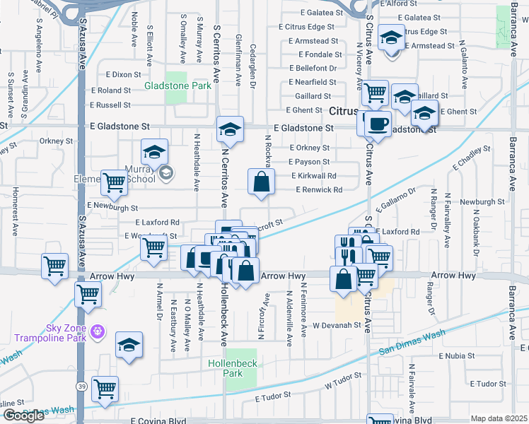 map of restaurants, bars, coffee shops, grocery stores, and more near 5327 North Rockvale Avenue in Azusa