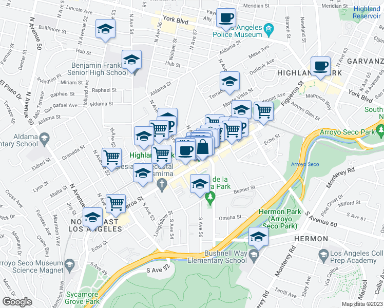 map of restaurants, bars, coffee shops, grocery stores, and more near 125 North Avenue 56 in Los Angeles