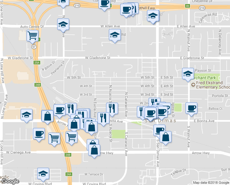 map of restaurants, bars, coffee shops, grocery stores, and more near 333 West 3rd Street in San Dimas