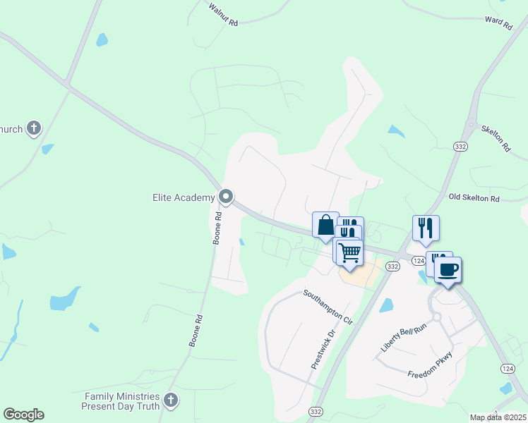 map of restaurants, bars, coffee shops, grocery stores, and more near 6416 Georgia 124 in Hoschton