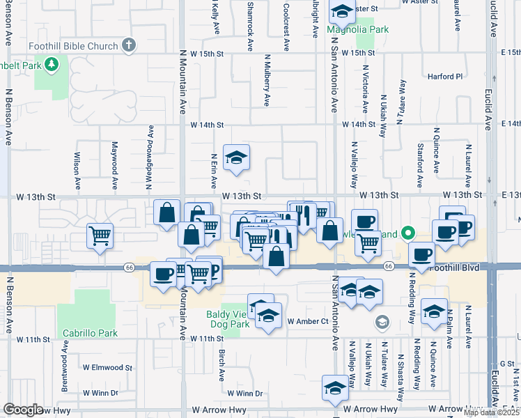 map of restaurants, bars, coffee shops, grocery stores, and more near 999 West Pine Street in Upland