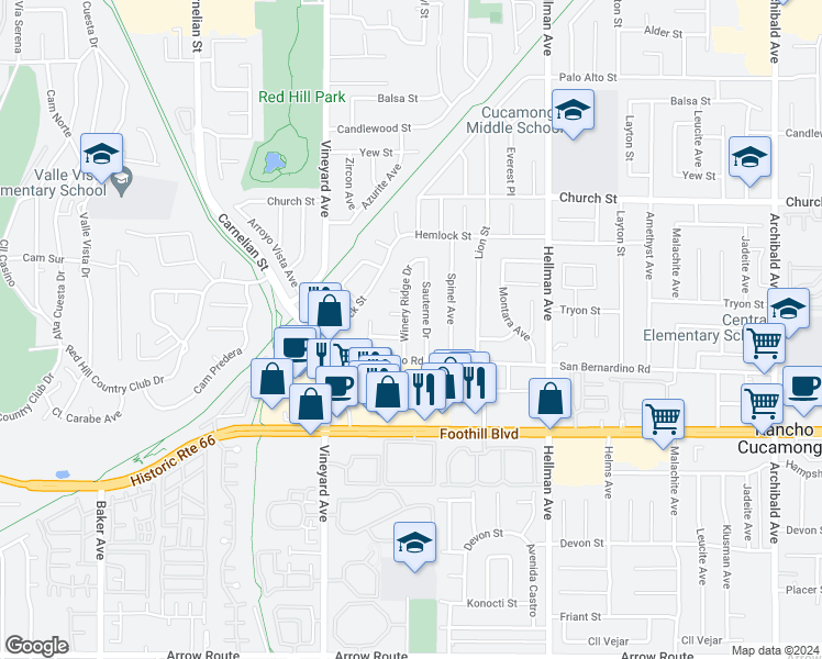 map of restaurants, bars, coffee shops, grocery stores, and more near 7947 Winery Ridge Drive in Rancho Cucamonga