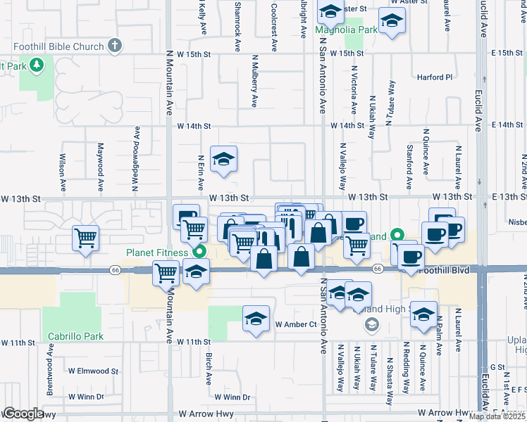 map of restaurants, bars, coffee shops, grocery stores, and more near 959 West Pine Street in Upland