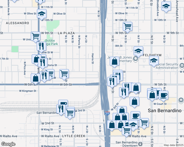 map of restaurants, bars, coffee shops, grocery stores, and more near 963 West 6th Street in San Bernardino