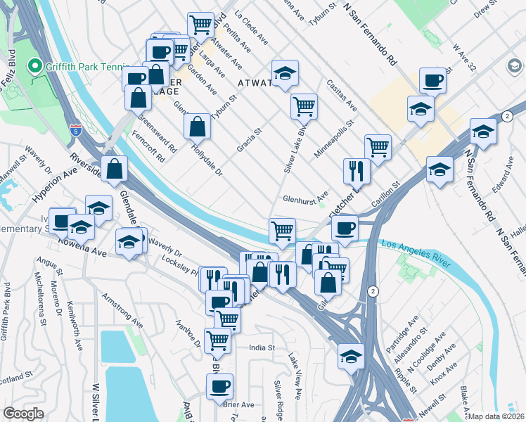 map of restaurants, bars, coffee shops, grocery stores, and more near 3130 Hollydale Drive in Los Angeles