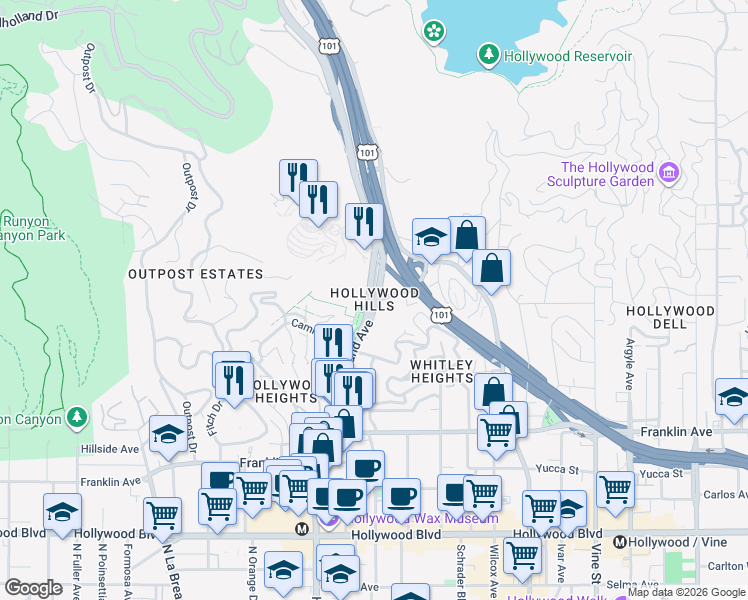 map of restaurants, bars, coffee shops, grocery stores, and more near in Los Angeles