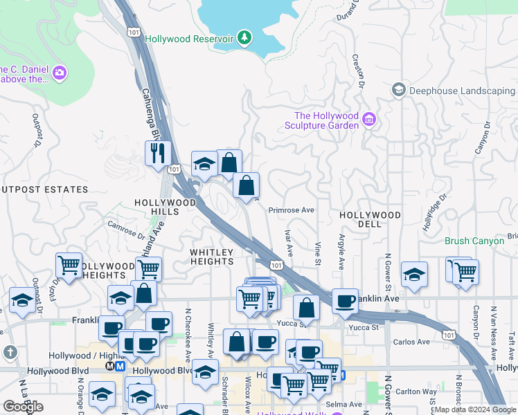 map of restaurants, bars, coffee shops, grocery stores, and more near 2139 Holly Drive in Los Angeles