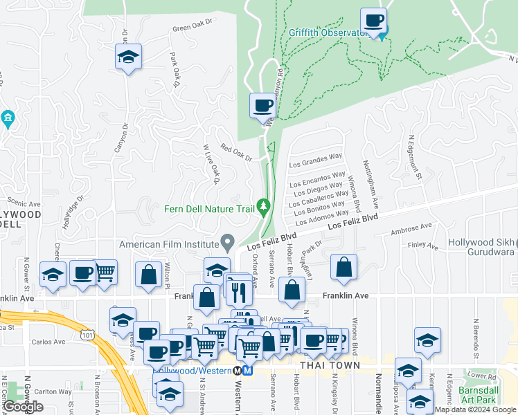 map of restaurants, bars, coffee shops, grocery stores, and more near 2165 Fern Dell Place in Los Angeles