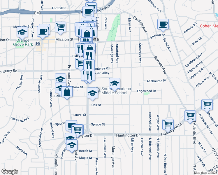 map of restaurants, bars, coffee shops, grocery stores, and more near 1727 Bank Street in South Pasadena